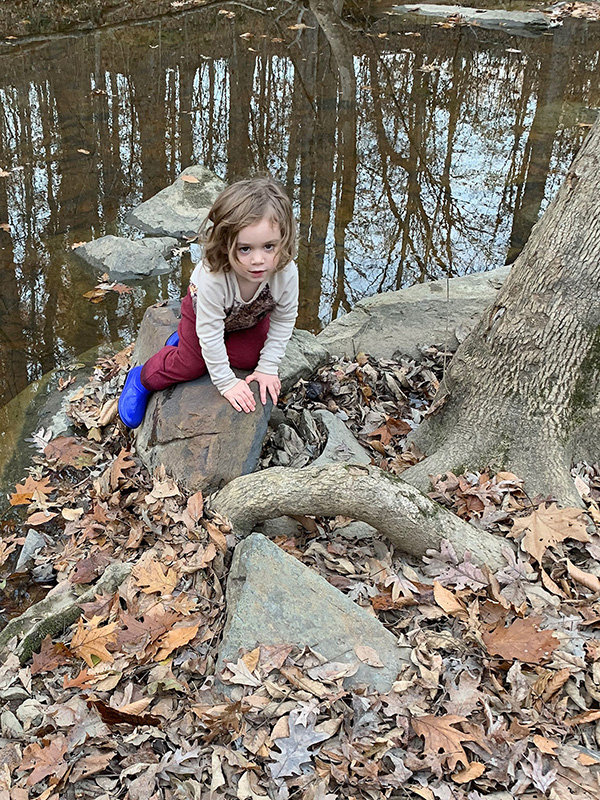 Child on a log near a stream