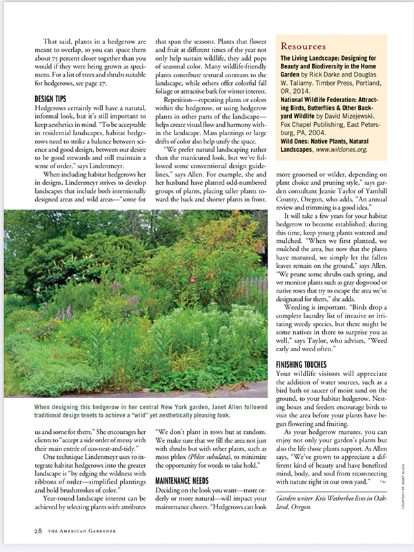 American Gardener article on Habitat Hedgerows