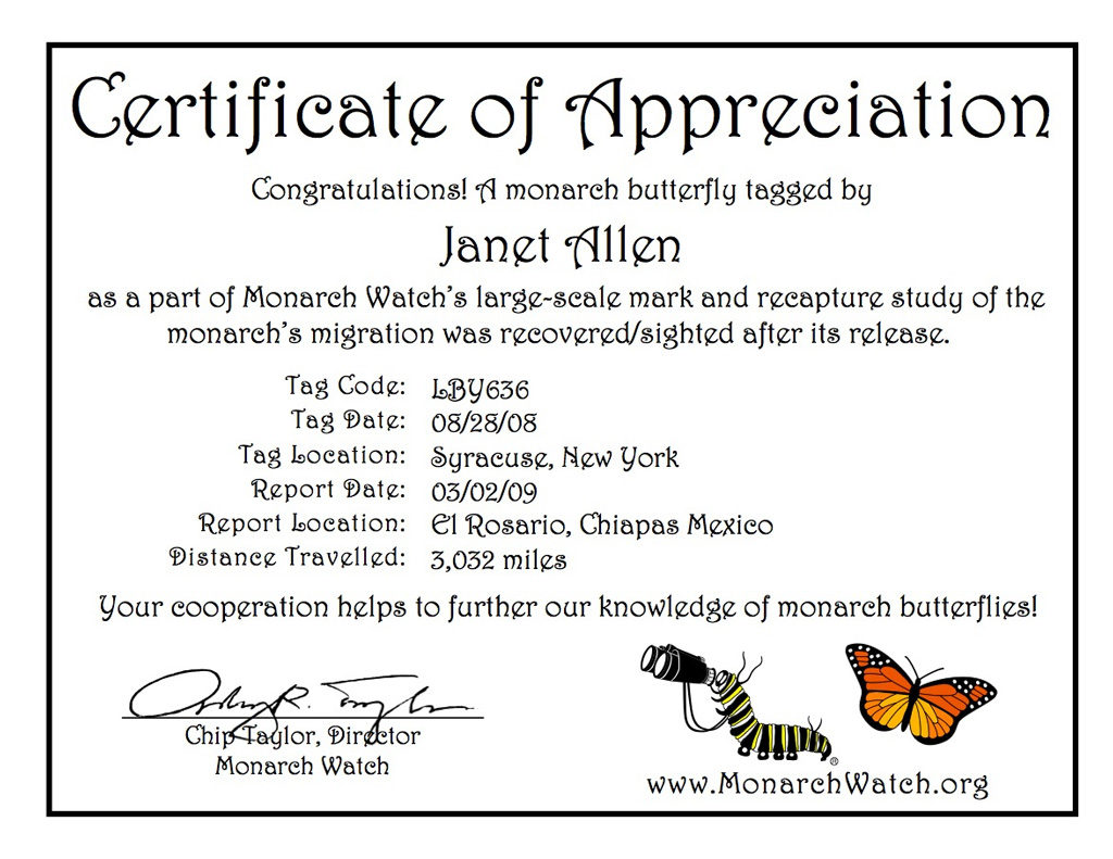 My monarch certificate